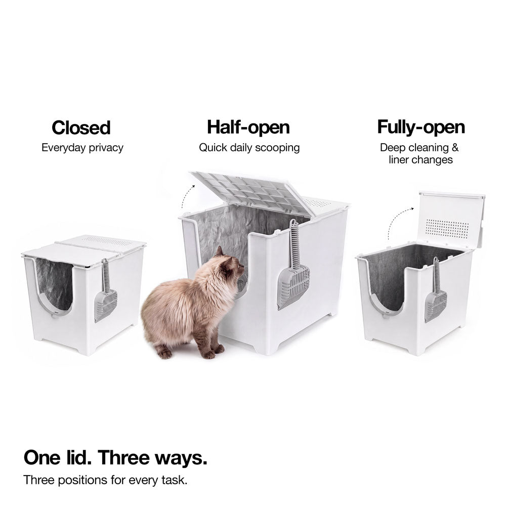 3 position lid for your cats preference and easy cleanup