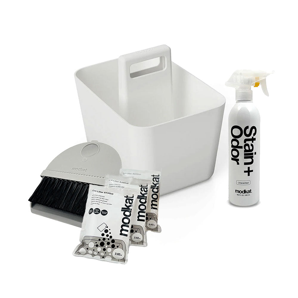 Includes the Katty Organizer, Dustpan + Brush Set, Cat Litter Additive, and Stain + Odor Remover