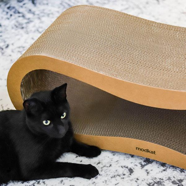 Closeup of black cat next to Modkat Cat Scratcher