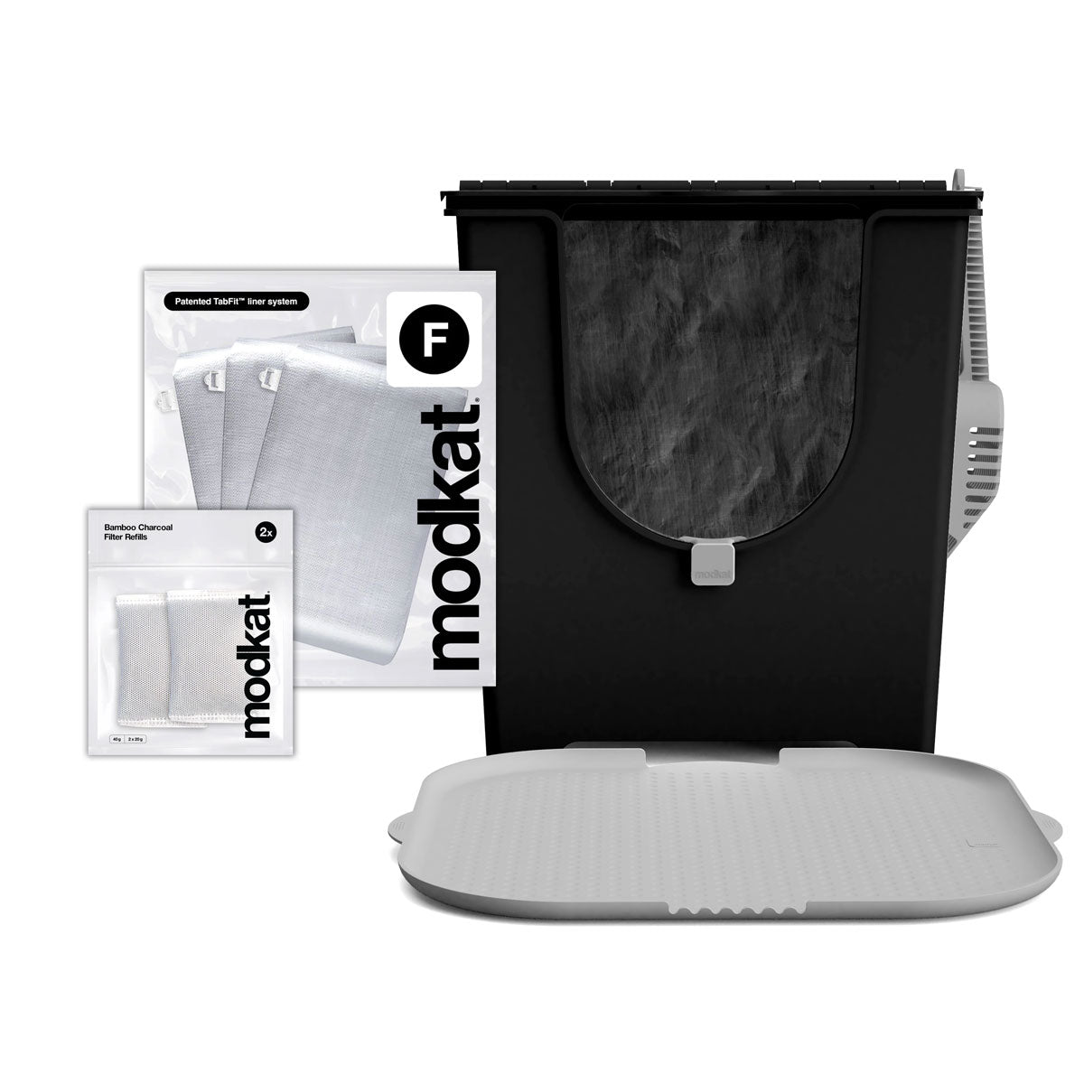 Black Modkat Flip, 3 additional Type F liners and White Katch Litter Mat.