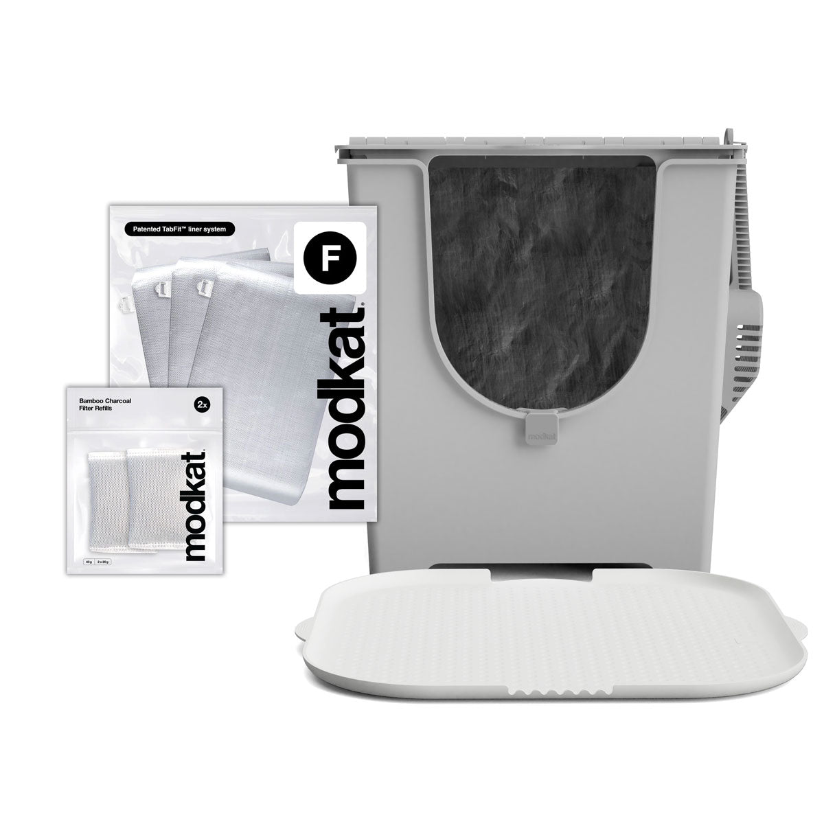 Gray Modkat Flip, 3 additional Type F liners and White Katch Litter Mat.