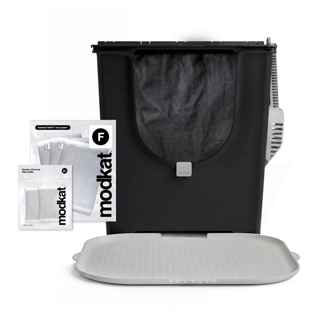 Black Modkat Flip litter box bundle with reusable liners, scoop, gray litter mat