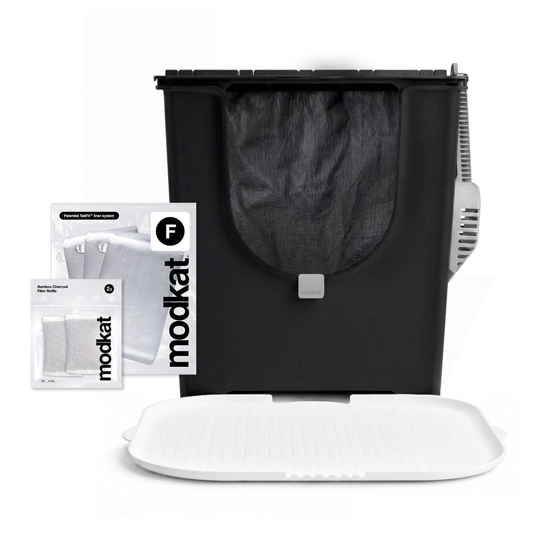 Black Modkat Flip litter box bundle with reusable liners, scoop, white litter mat