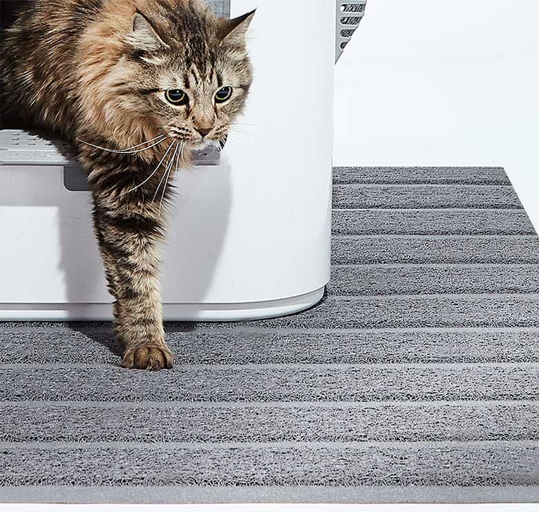 Modkat XL on a gray Modkat XL litter mat with cat exiting the litter box