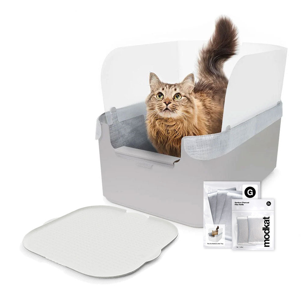 Gray Modkat Tray, White Katch Litter Mat and 3 additional Type G Liners
