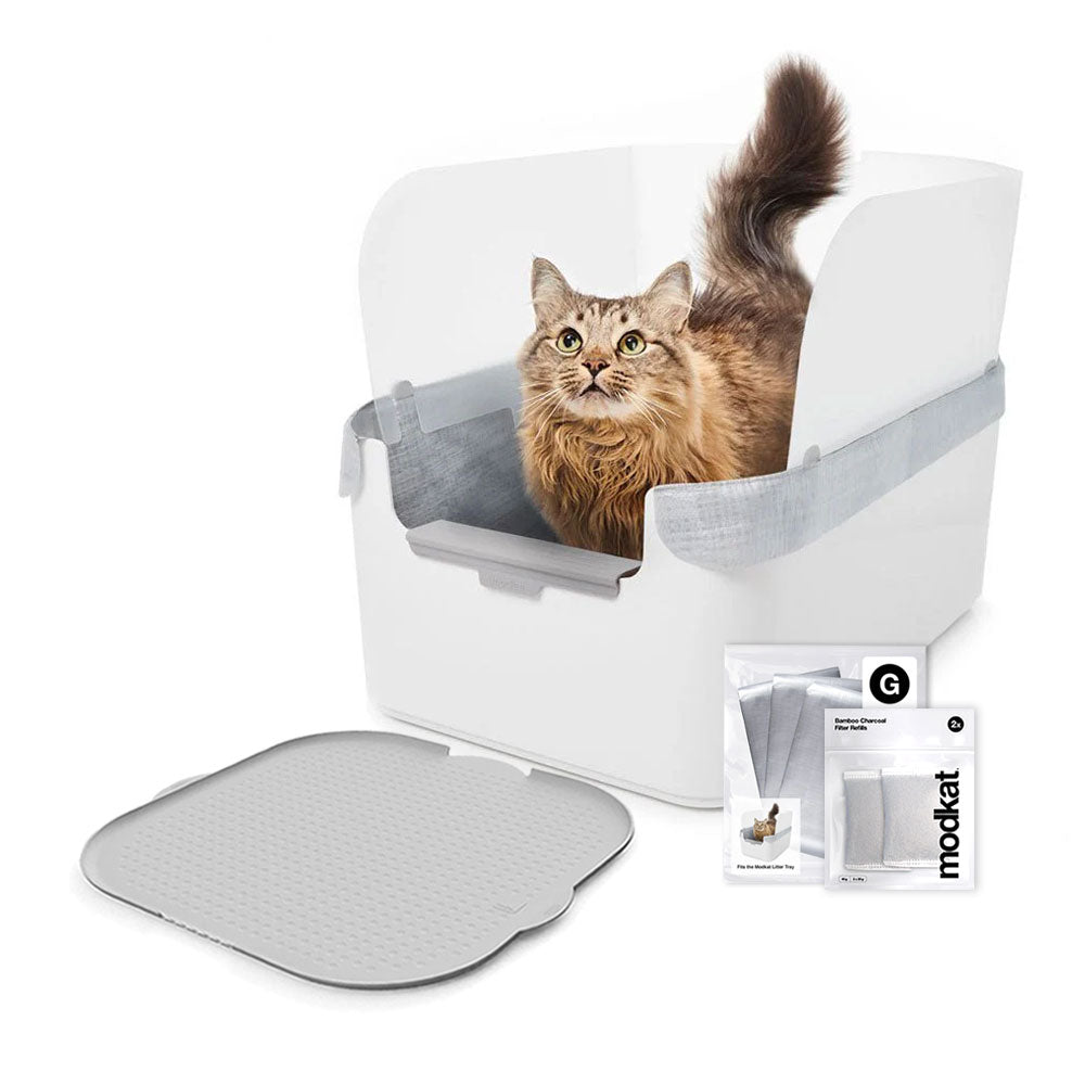 White Modkat Tray, Gray Katch Litter Mat and 3 additional Type G Liners